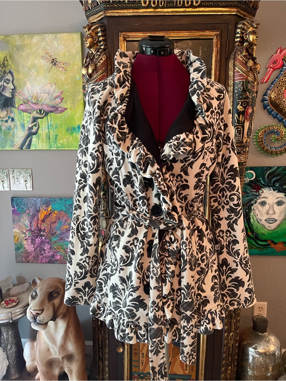 Self Esteem Black and White Floral Tie-Waist Trench Coat